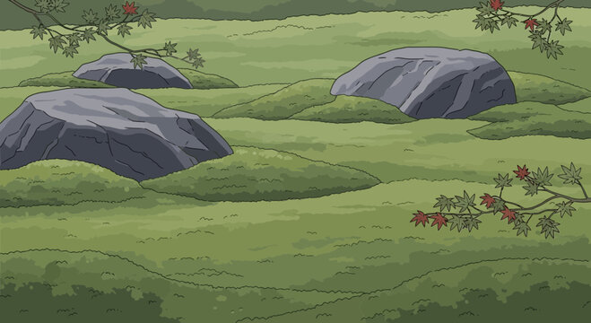 Large Gray Rocks on Green Hills.