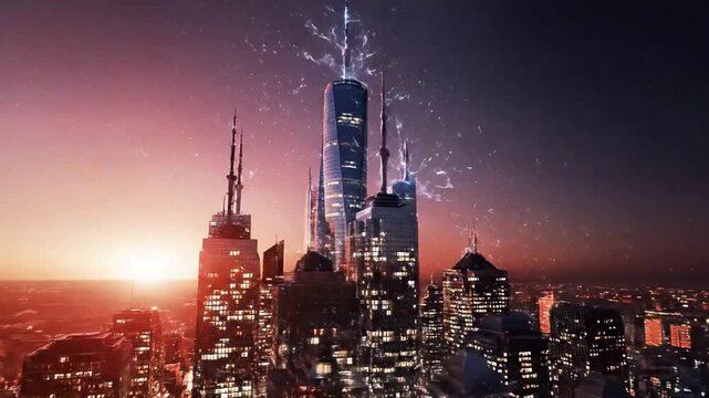 A futuristic cityscape at night with lightning illuminating skyscrapers