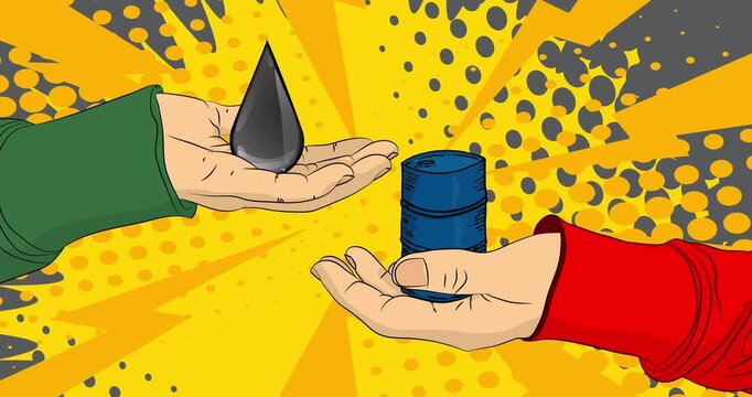 Cartoon, comic book human hands holding Oil Barrel and Oil Drop. Retro video, comics pop art animation.