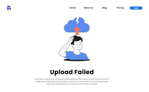 Upload Failed Illustration. Confused Man with Cloud Upload Error and Lightning Bolt