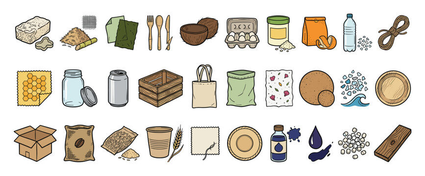 Set of natural eco friendly sustainable zero waste products for green living and design