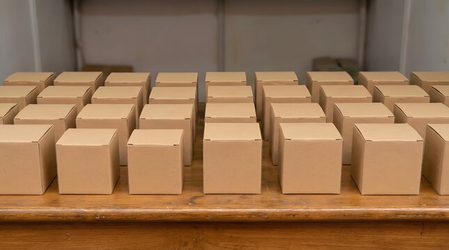Rows of identical cardboard boxes arranged neatly on wooden table surface for storage or shipping in a clean and organized warehouse setting.