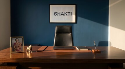 Fototapeta premium Professional executive office desk with leather pad laptop and framed shakti sign on blue wall representing modern corporate leadership and empowering workspace in luxury business environment.