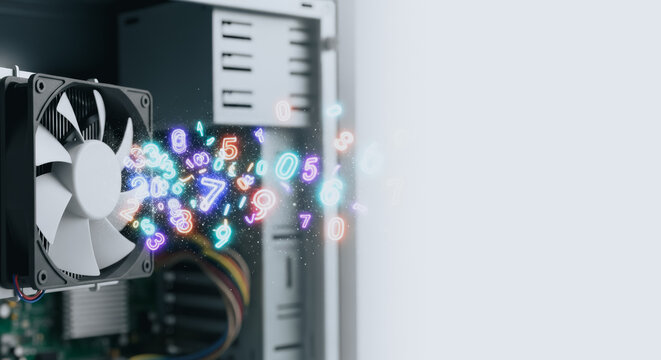 Digital Numbers and Particles in a Computer Case Tower Representing High Speed Information Processing and Data Power