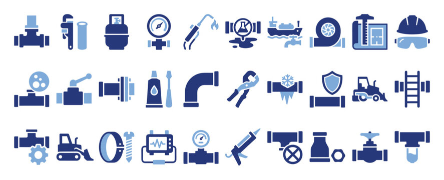 Set of industrial plumbing and pipeline maintenance equipment icons for construction services