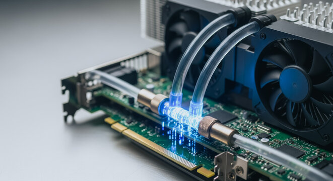 High performance graphics card with liquid cooling system on a gray background representing advanced computing power