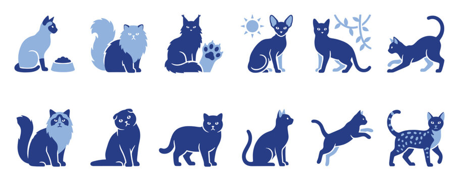 Set of diverse cat breeds and poses in blue tones perfect for petthemed graphic design projects
