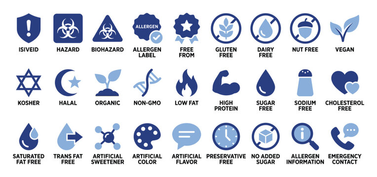 Set of food and health attribute icons for product information and consumer guidance