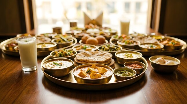 Elaborate indian thali platter presented on wooden table featuring assorted bowls of curry paneer masala dal and fresh rotis served with tall glass of refreshing buttermilk in restaurant setting.