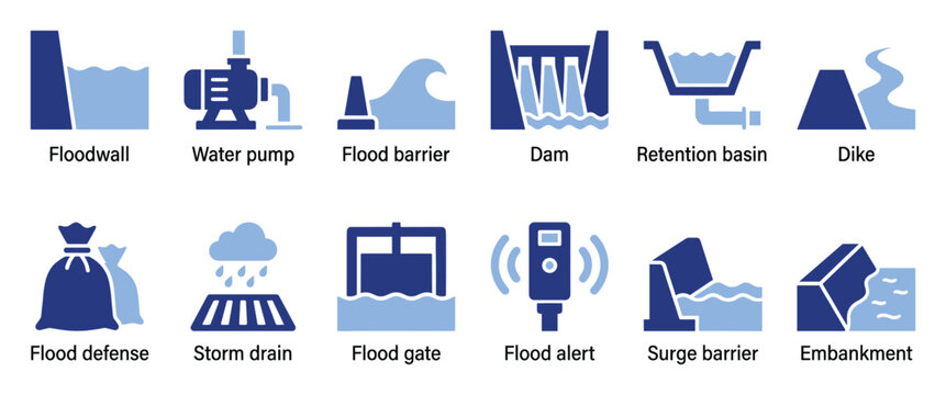 Set of flood protection and water management icons for infrastructure and engineering projects