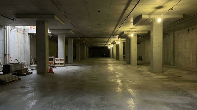 Industrial basement construction site features massive concrete pillars holding up flat slab ceiling within dark empty interior space showing raw architectural elements and dim electric lighting.
