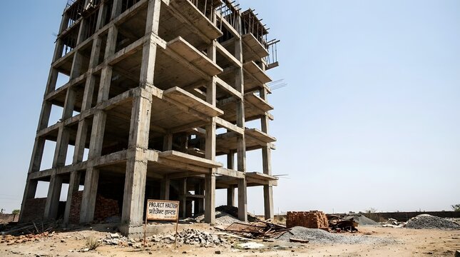 Abandoned tall residential building structure made of raw concrete pillars with sign indicating project halted during day time under clear sky showing incomplete floors 