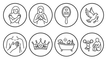 Fototapeta premium Empowering vector svg Mental Health and Wellness Outline Icons set featuring self-care, emotional well-being, inner peace, and psychological support concepts
