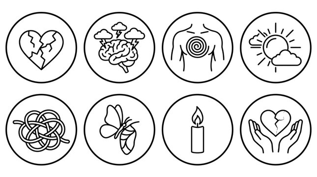 Versatile vector and SVG Mental Health and Wellness Outline Icons, illustrating emotional balance, stress, healing, and personal growth for modern well-being concepts