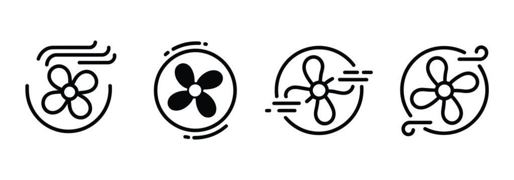 Ventilation fan line icon set, outline vector collection for HVAC systems, air circulation, cooling, climate control, and industrial ventilation design concepts