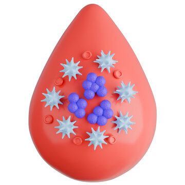3D Icon Illustration of Sepsis Caused by Streptococcus Bacteria Infection. Drop of blood with red blood cells, white blood cells and gram positive cocci bacteria.