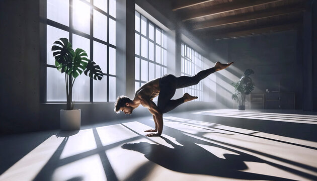 Dynamic yoga flow in a sunlit modern studio with large windows, Ai generated image
