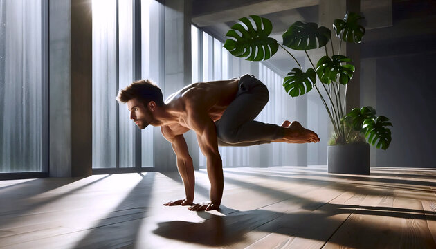 Dynamic yoga flow in a sunlit modern studio with large windows, Ai generated image