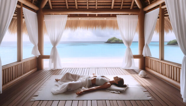 Serene yoga relaxation in a tropical beachside bamboo pavilion, Ai generated image