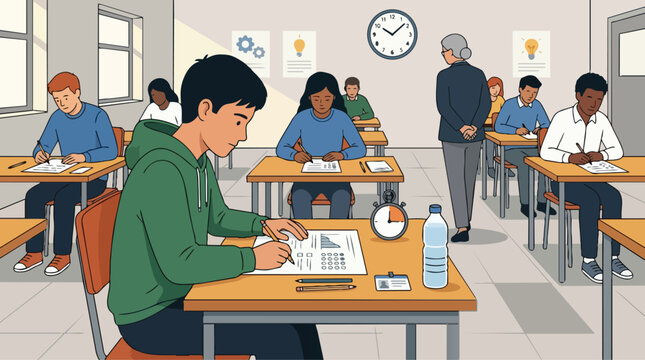 Student Group Taking a Focused Academic Exam in a Modern Classroom Setting an Educational Illustration Depicting Assessment and Learning