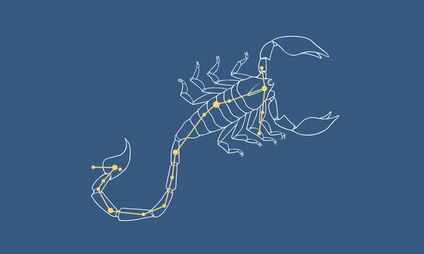 ネイビー色の背景に浮かぶさそり座のイラスト（白線のサソリの絵とゴールド色の星座線）