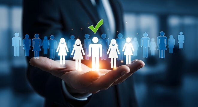 Human resources talent acquisition candidate selection process with glowing figures