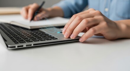 Fototapeta premium Close-up of hands using a laptop and writing in a notebook, symbolizing business and technology in modern work environments