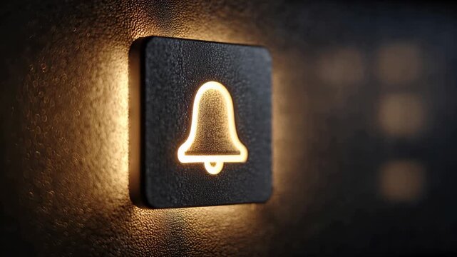 Close-up views show an illuminated bell button on a wall. The design highlights light and material in an indoor setting.