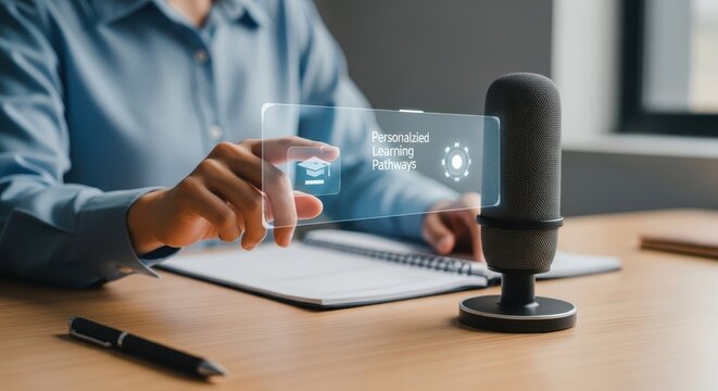 Person interacts with holographic digital interface for personalized learning pathways near microphone and notebook
