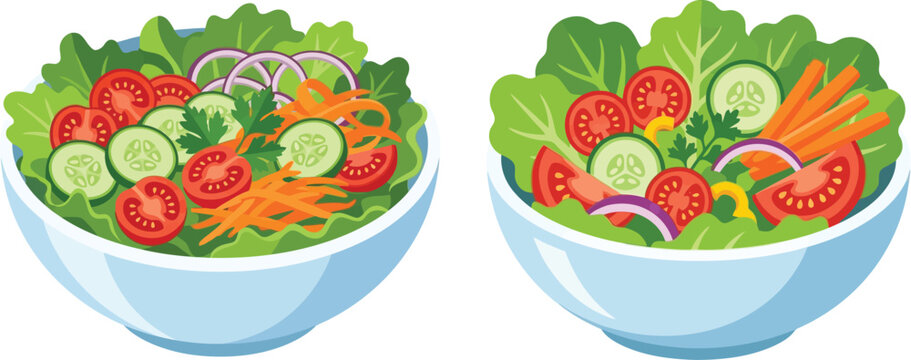 Two bowls of fresh vegetable salad with tomatoes and cucumbers