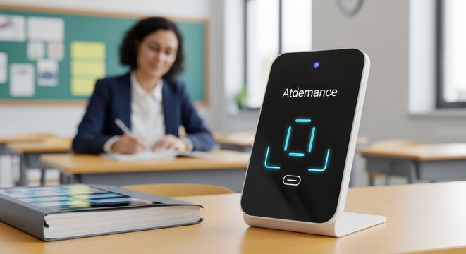 Modern Wireless Charging Device on Desk in Classroom Setting with Teacher and Books