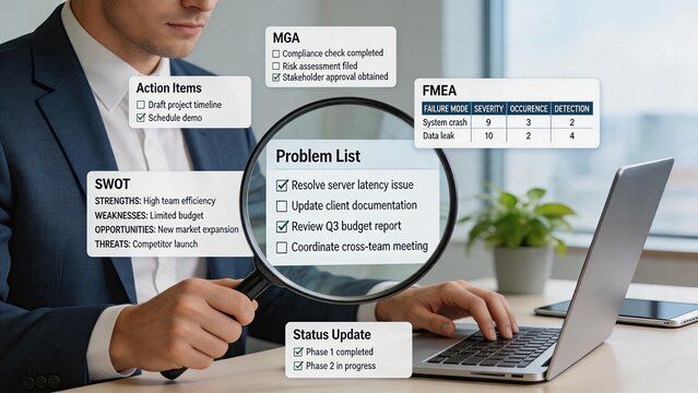 Businessman analyzing project details with magnifying glass over problem list SWOT analysis action items status update FMEA table on laptop workspace