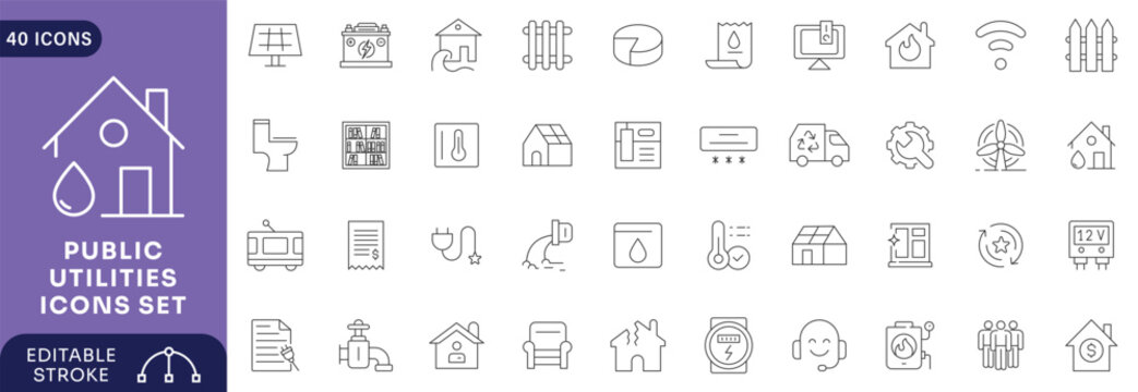 Public utilities icon set. Contains icons related to public utilities, Gas, electricity, water, heating. Editable stroke