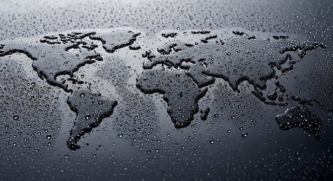 World map formed by water droplets on dark surface, global environment and climate change concept, liquid earth silhouette with moisture texture