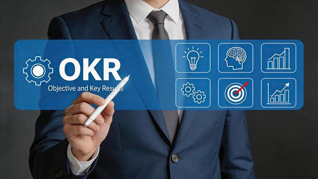 Manager writing OKR objective and key results on blue screen, business strategy and goal setting concept, corporate leadership focusing on performance metrics and team success