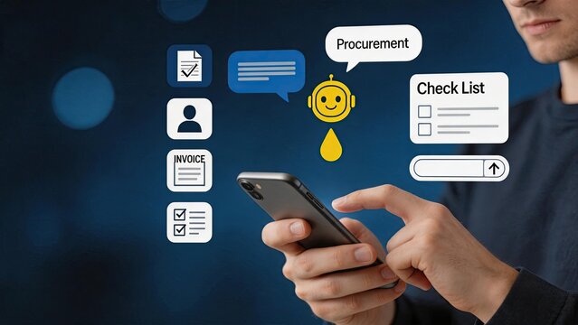 Mobile app interface showing procurement checklist and invoice processing with AI bot assistant, digital supply chain management and automated purchasing solution for modern
