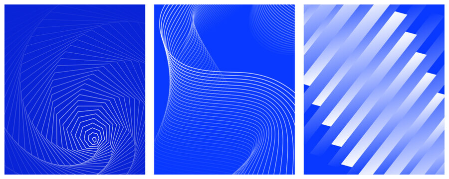 Blue abstract geometric line art designs on blue background