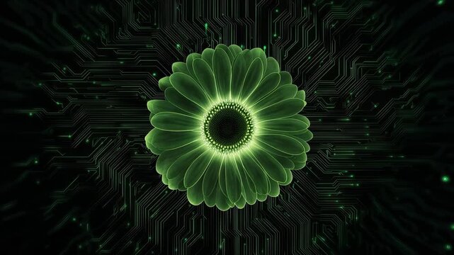 Shapes change and move around while creating a flower design with green colors on a black background in a digital art style.