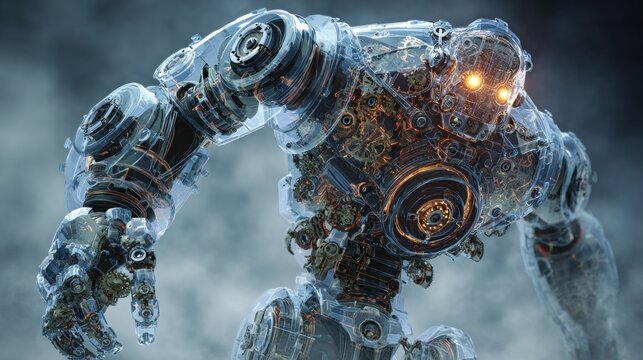 Intricate robot design with glowing eyes in cinematic digital illustration