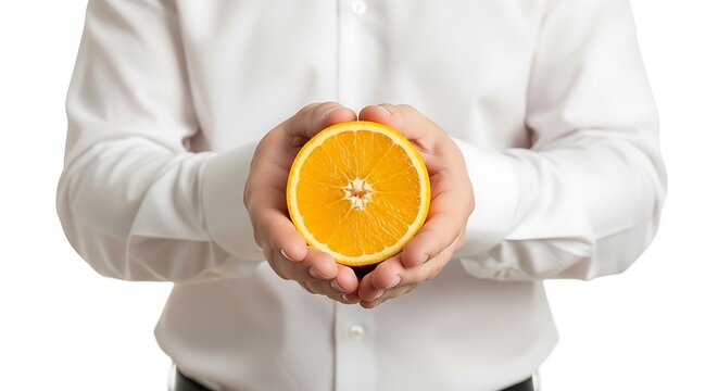 Pekerja profesional memegang belahan jeruk mandarin segar yang terpotong sempurna melambangkan kontrol kualitas pertanian dan gaya hidup sehat
