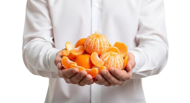 Tangan manusia memegang tumpukan buah jeruk mandarin kupas yang melimpah melambangkan kemurahan hati pertanian organik dan pilihan nutrisi sehat