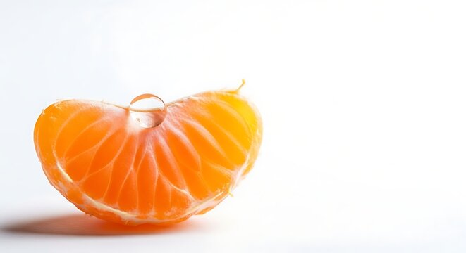 Bidikan makro ekstrem dari segmen jeruk mandarin segar dengan satu tetes air murni melambangkan kesegaran hidrasi alami yang maksimal