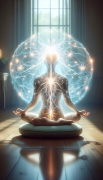 Neurofitness practitioner with glowing neural network patterns around head during seated meditation, Ai generated image