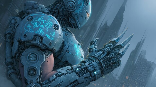 Futuristic cyborg with metallic armor and advanced technology details