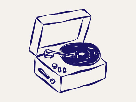Vinyl record player in vintage doodles and retro vector illustration.