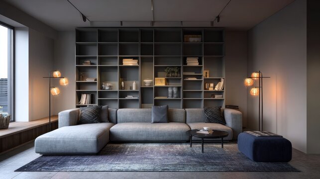 Modern living room interior with bookshelf and sofa in neutral tones