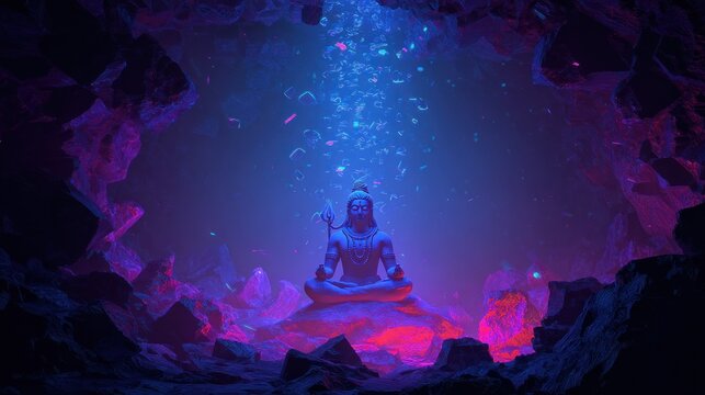 Meditating figure illuminated in glowing cave with abstract light and colors