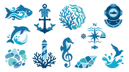 Collection of marine and nautical icons and symbols in blue tones, representing sea life and ocean elements. © tr