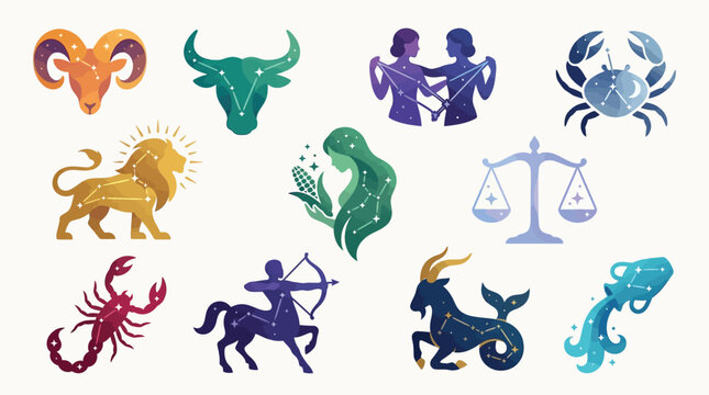 Collection of Zodiac Signs Constellations and Symbols on a Light Background.