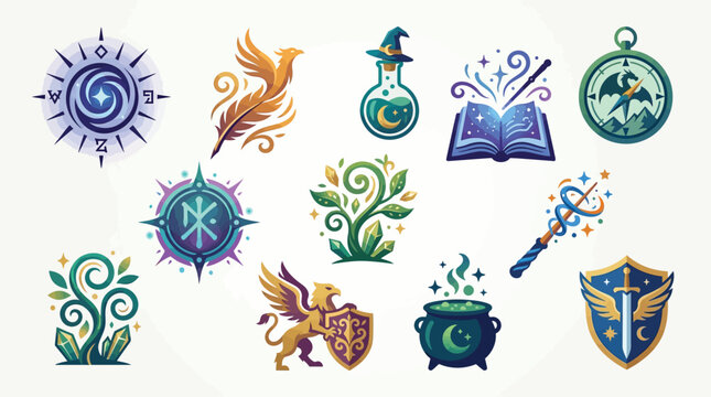 Collection of magical fantasy icons including a phoenix, potion, spellbook, wand, and mythical creatures.
